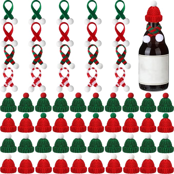 60 Pcs Mini Christmas Knit Hat and Mini Christmas Scarf Set, Santa Knit Hat Scarf Christmas Tree Ornaments Christmas Hat Scarf Cup Bottle Xmas Doll Crafts for DIY Craft Art Decoration (Classic Color)