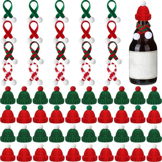 60 Pcs Mini Christmas Knit Hat and Mini Christmas Scarf Set, Santa Knit Hat Scarf Christmas Tree Ornaments Christmas Hat Scarf Cup Bottle Xmas Doll Crafts for DIY Craft Art Decoration (Classic Color)