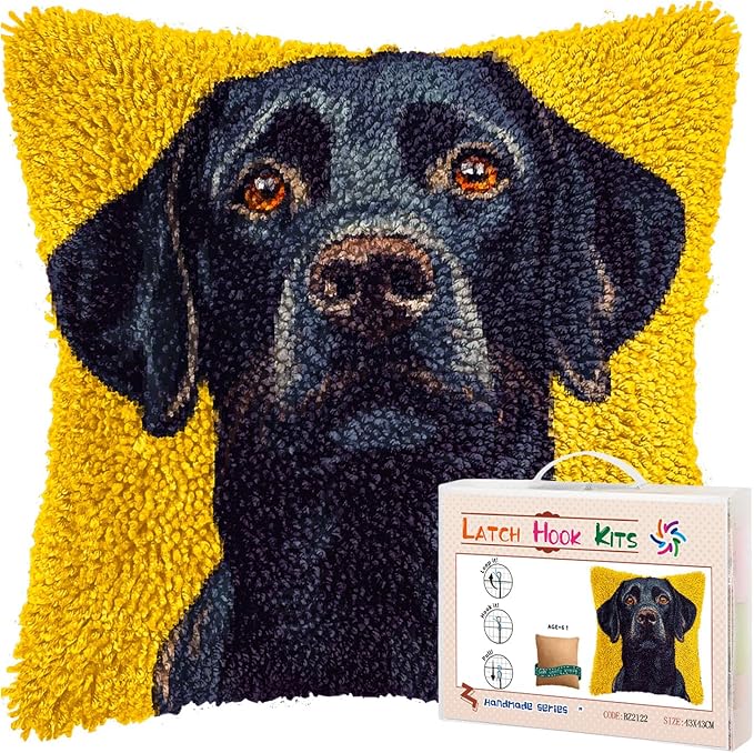 DIY Latch Hook Pillow Kits for Adults Cartoon Black Labrador Dog Printed Pillowcase Crochet Yarns Hooking Handmade Pillow Cover Cushion for Home Sofa Decoration 17x17inch-14