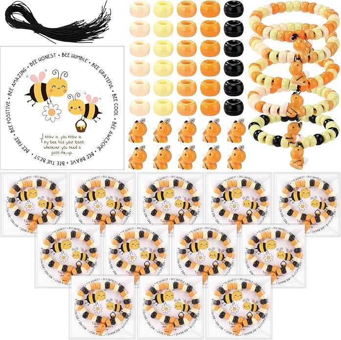 Highergo 50 Set Motivational Bee Themed Gifts Bee Bracelet Beads DIY Craft Kit with Inspirational Cards and Bags for Teacher Bee Party Favors