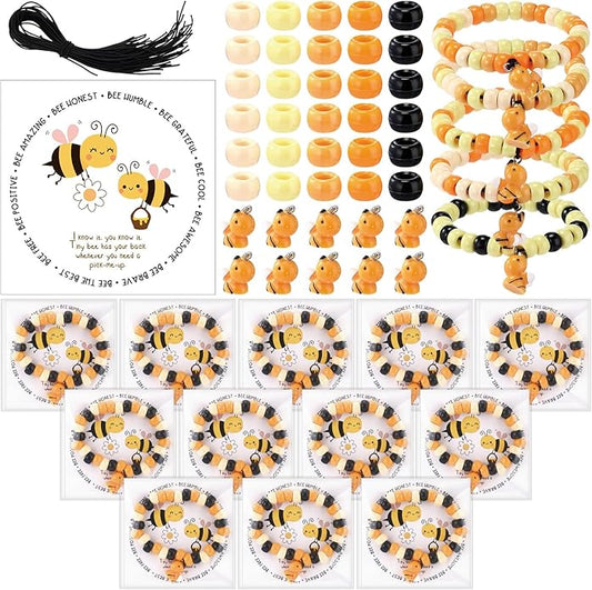 Highergo 50 Set Motivational Bee Themed Gifts Bee Bracelet Beads DIY Craft Kit with Inspirational Cards and Bags for Teacher Bee Party Favors