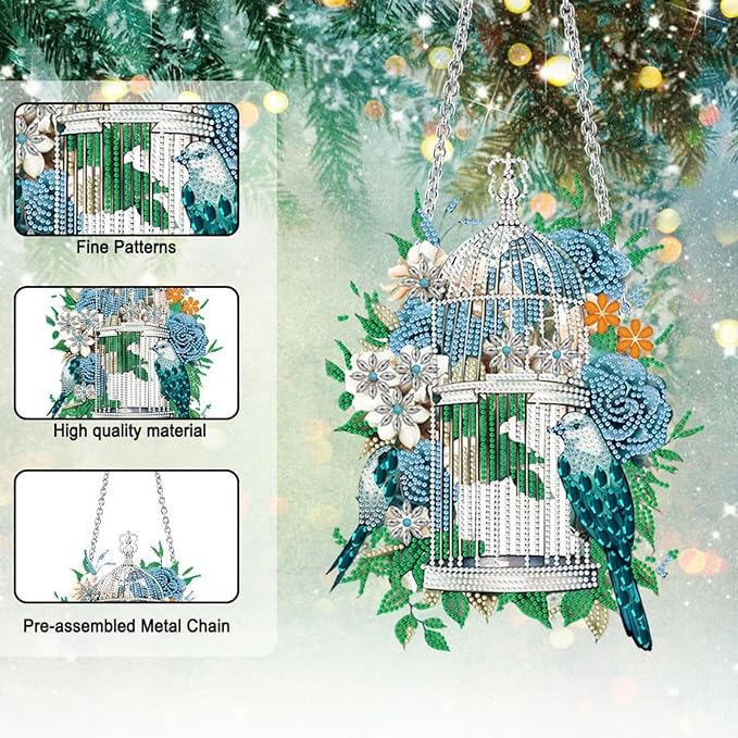Flower Birdcage Design DIY Diamond Art Painting Wreath Kits Special Shaped Rhinestone Diamond Art Window Pendants Home Garden Wall Hanging Kits (Single Side Point Drill) (#11-Cat) (#05-Bird)