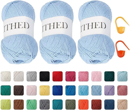 Cotton Chainette Yarn,4 Medium (Worsted)-10oz,3 Pack,Knitting Yarn for Beginners,Thicker for Crocheting and Knitting (28 Light Blue)