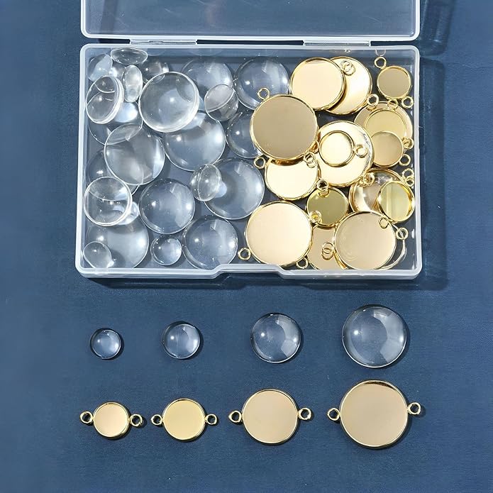 Stainless Steel Blank Dome Links Pendant Tray Connectors with Double Loops for Earrings Bracelets Necklaces Keychains DIY Craft Golden Glass Cabochon Jewelry Making Kit