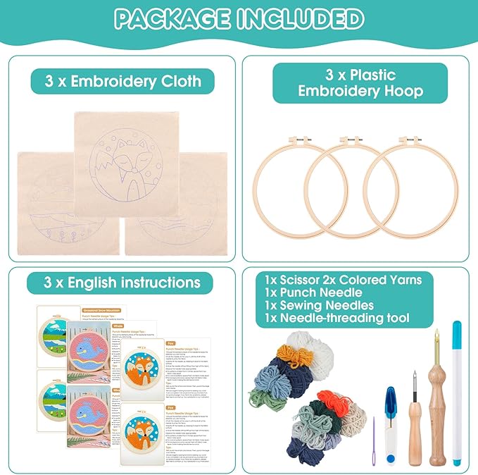 Zuaooz 3 Sets Punch Needle Kits,Leaf Path Moon Punch Embroidery Kits for Adults Beginner, Tool with Punch Needle Fabric, Hoops, Yarns and Sewing Needles