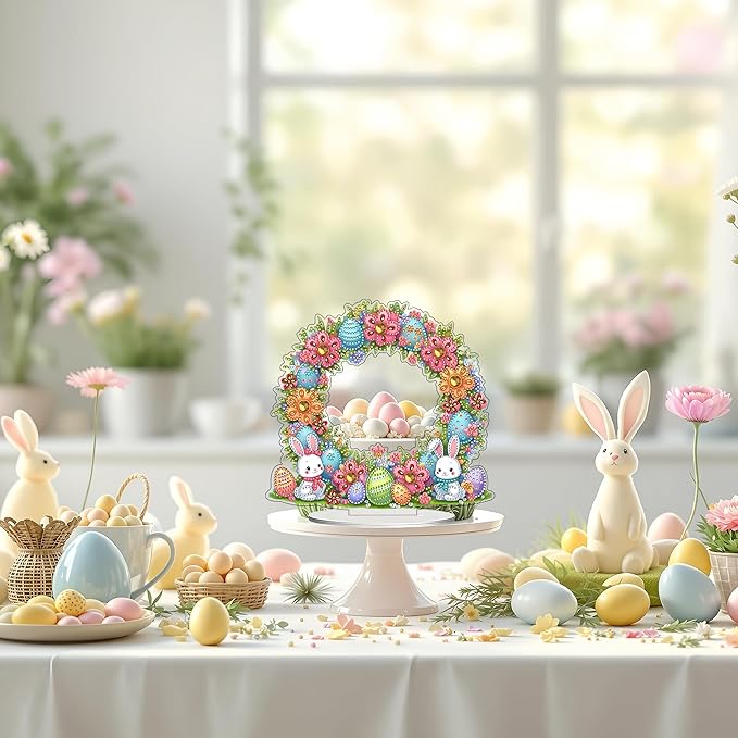 JJFox DIY Tabletop Diamond Art Painting Kit，Special Shaped Rhinestone Desk Placement Ornament，Home Stand Up Gem Painting Craft Kit，Gift,Double Sided. (Easter Wreath)