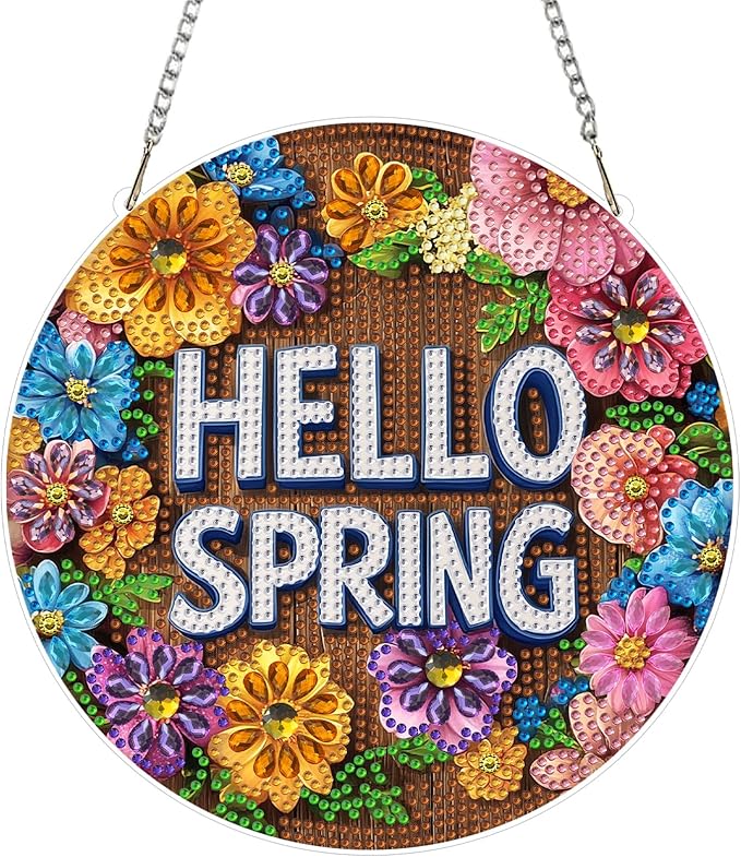 KEYIFA Spring Diamond Painting Kit, DIY Flowers Diamond Art for Adults, Diamonds Pendant Special Shaped Rhinestone Window Hanging Ornaments Home Garden Wall Door Decoration, 20cm Width