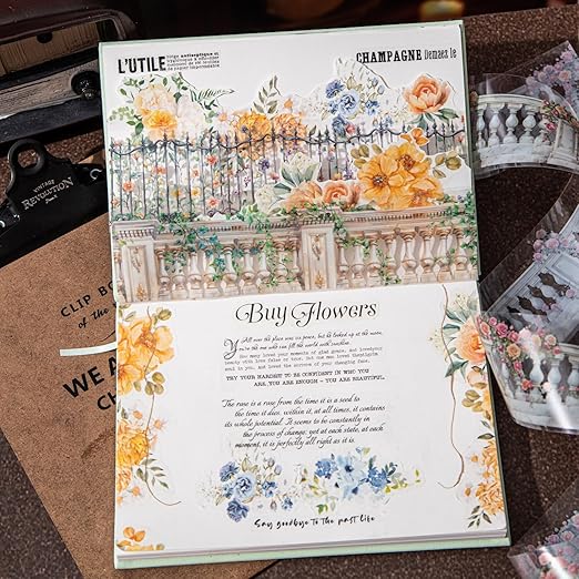 Floral Trellis PET Tape Set - 6 Rolls of Seamless Vintage Balcony & Vine Designs with 1 Metal Clip, Self-Adhesive Waterproof Decorative Tapes for Scrapbook Journal and DIY Décor