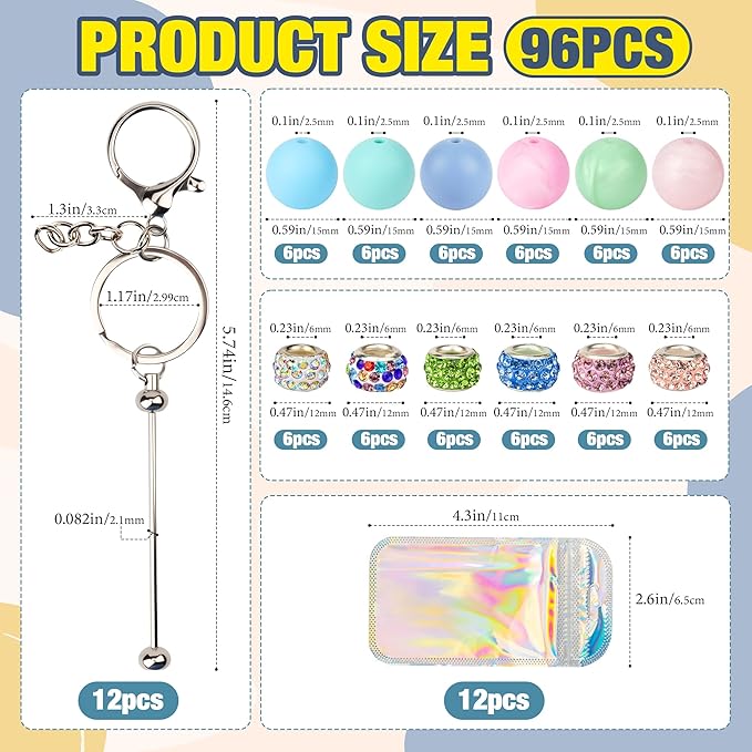 Qoroos 96pcs Beadable Keychains Set Bulk for Keychain Making Kit with Beadable Keychain Bar Silicone Beads Spacer Beads DIY Gifts for Women Men Crafts