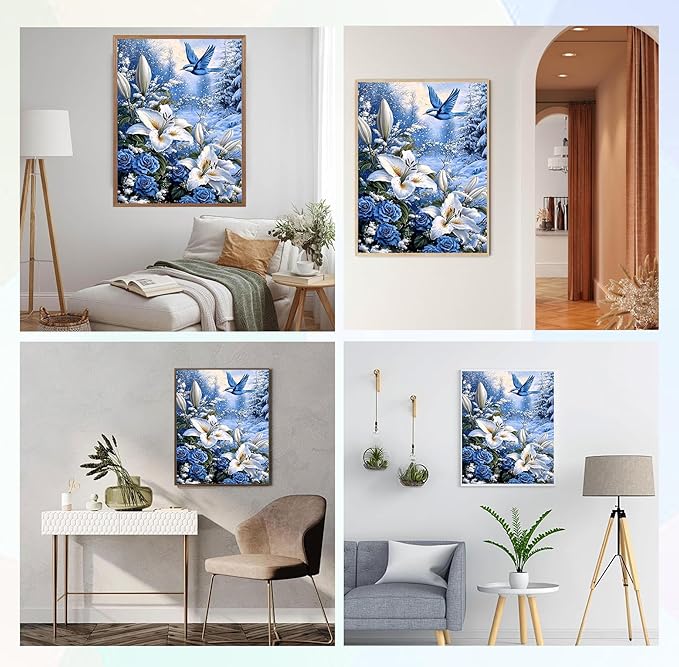 QENSPE Diamond Painting Art Kits, DIY Blue Bird Diamond Art for Adults, 5D Flower Full Drill Painting for Beginner, Round Diamond Dots Paintings Gem Art Crafts Home Wall Decor Gifts 30x40cm