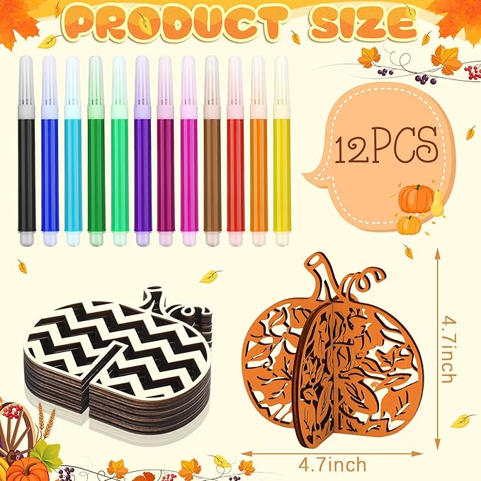 Huwena 36 Pcs Fall Crafts Set 24 Pumpkin Wood Cutouts for Thanksgiving Crafts 3D Unfinished Pumpkin Wooden Slices with 12 Colored Markers for Autumn Harvest DIY Table Tiered Tray Decor