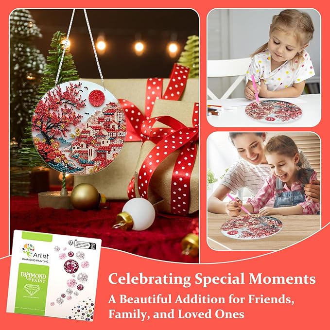 Lxmsja DIY Chinese Village Diamond Painting Hanging Ornament, Double-Sided Acrylic Red Blossoms Diamond Art Kit, Special Shaped Suncatcher Hanging Pendant Window Art Kit