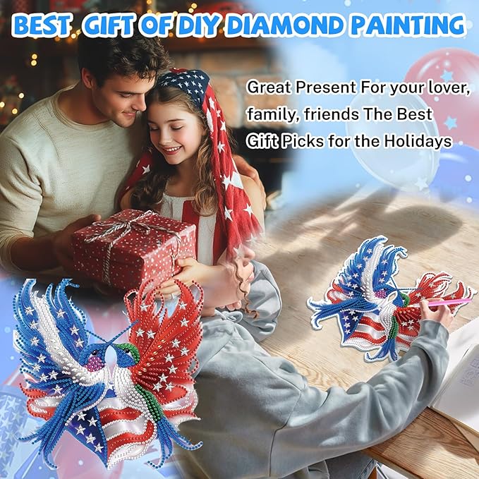 Bowetile Independence Day Birds 5D Diamond Art Hanging Kits for Adults, 4th of July Diamond Painting USA Window Pendant Kits, Special Shape Gem Art Suncatcher Ornament for Home Garden Wall Decor