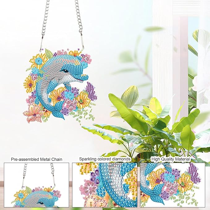 AiYuanzsh Dolphin and Flowers Diamond Painting Hanging Kit – DIY Acrylic Pendant with 5D Special Shaped Rhinestones, Diamond Art Decorative Art Board for Wall, Door or Garden, Handmade Gift