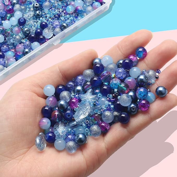 Rired 27 760pcs Assorted Crystal Bracelet Beads for Jewelry Making, 8 Types Glamour Blue Round Glass Beads with Star, Fish and Seed Beads for DIY Making