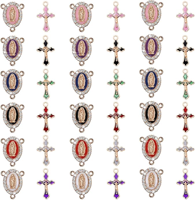 48Pcs/24Sets Rosary Making Kits Supplies Cross and Center Medal Charms Alloy Enamel Rhinestones Virgen de Guadalupe Charm Pendant for Diy Catholic Prayer Necklace