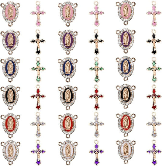 48Pcs/24Sets Rosary Making Kits Supplies Cross and Center Medal Charms Alloy Enamel Rhinestones Virgen de Guadalupe Charm Pendant for Diy Catholic Prayer Necklace