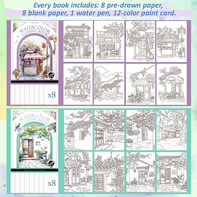 Dunzoom 32 Sheets Watercolor Coloring Book 2 Pack Water Color Workbook Paper Paint Set with 12 Colors Paint Cakes and Brushes for Adults Beginners Art Painting Supplies(Quiet Time&House)