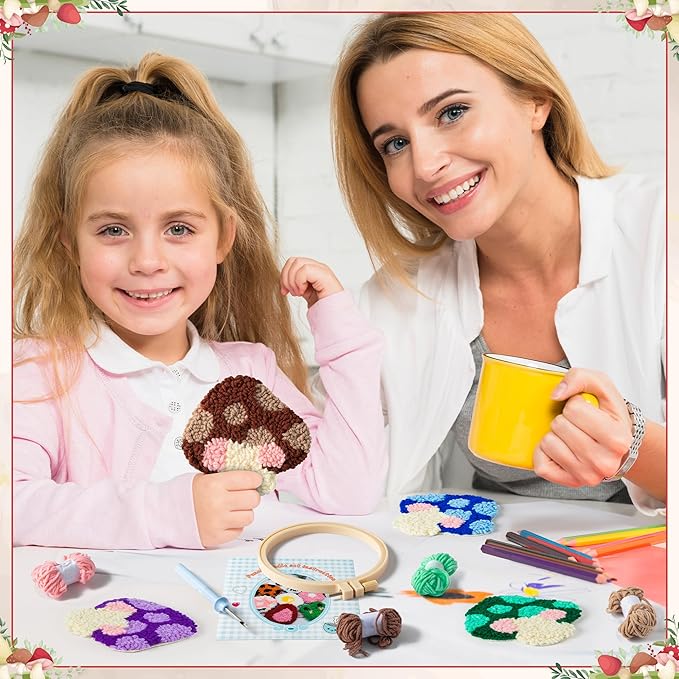 WATINC Punch Needle Coaster Kit - 22PCS Easy Art Work Decor Coasters Kits for Beginners DIY Mushroom Pattern Tufted Rug Pads with Adhesive Felt Yarns Embroidery Hoop Instruction 6 Set