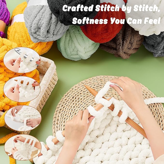 Inhand 8 Pack Chunky Chenille Yarn for Crocheting–30.6 Yards, 7.7oz, Soft Fluffy Thick Yarn,Gifts for Women/Grandma/Men Birthday Christmas Unique,Hand Knitting for Blankets&DIY Crafts (Cream White)