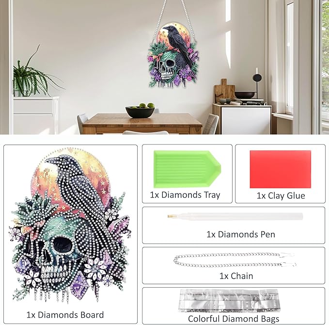 SENQAO Crow Diamond Art Hanging Kit for Adult, Special Shaped Rhinestone, Double Sided DIY Acrylic Diamond Art Painting Window Pendants Home Garden Wall Hanging Kits Hanging Ornament (Raven Skull)