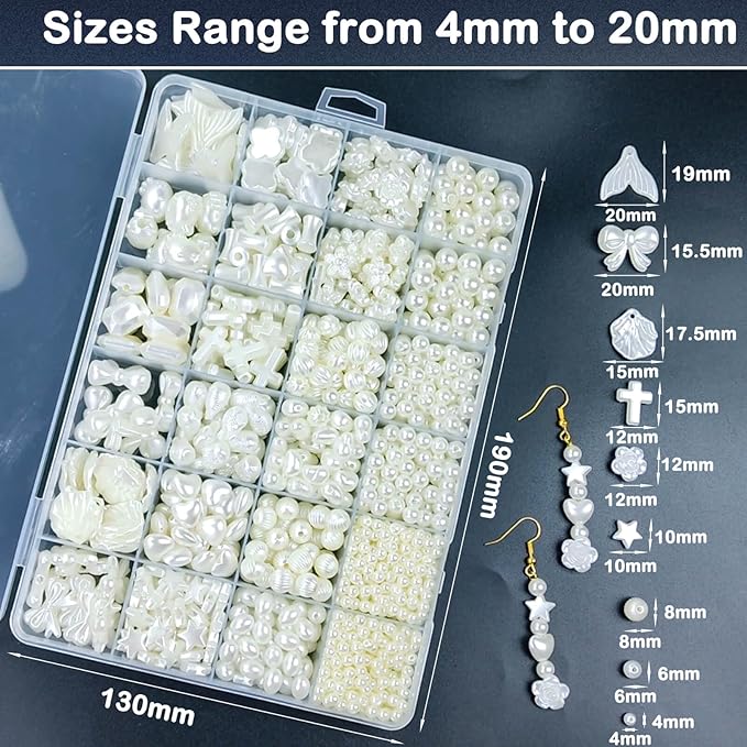 1170 Pcs ABS Imitation Pearl Beads for Jewelry Making, Assorted Heart Star Bowknot Circle Flower Aesthetic Cute Bead for Bracelet Necklaces Earrings Key Chains DIY Phone Charm Crafts (White)