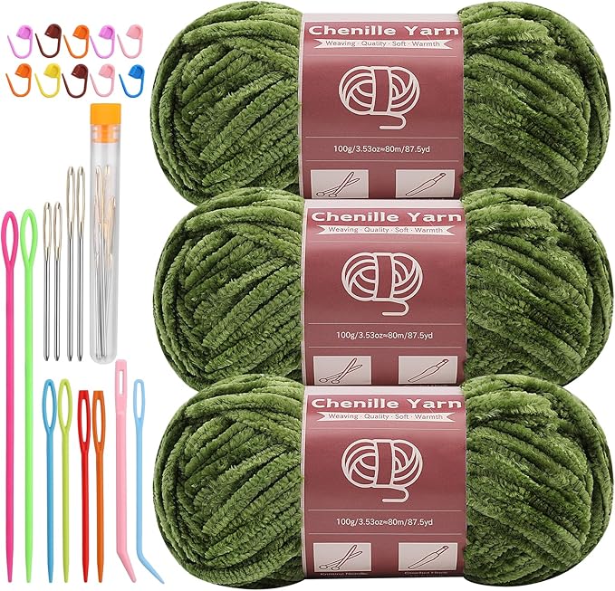 LUNARM Chenille Yarn for Crocheting Knitting, 3 Skein 263 Yard Thick Soft Chunky Fluffy Weaving Plush Yarn for Blankets Clothes Pattern Creations with Big Eye Needles (Olive-Green)