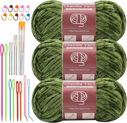 LUNARM Chenille Yarn for Crocheting Knitting, 3 Skein 263 Yard Thick Soft Chunky Fluffy Weaving Plush Yarn for Blankets Clothes Pattern Creations with Big Eye Needles (Olive-Green)