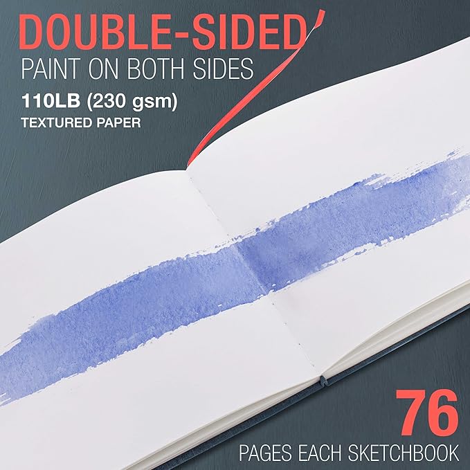 U.S. Art Supply 9" x 12" Watercolor Book (2 Pack, 76 Sheets Each) - 110lb (230 GSM) Linen-Bound Hardcover Artist Paper Pads - Acid-Free Cold-Pressed Watercolor Paper Pad Mixed Media