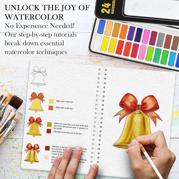 Watercolor Workbook, 4Pcs Beginner Friendly Watercolor Workbook with 48 Patterns, Step by Step Watercolor Workbooks with with 24 Paint Colors & Brush, Water Color Paint Set Valentine's Day Gift