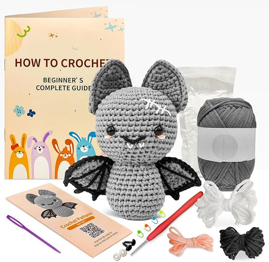 minimal beee Bat Crochet Kit for Beginners - DIY Halloween Craft Gift with Animal Yarn, Easy Knitting Supplies for Adults, Complete Starter Crochet Set with Needles & Instructions