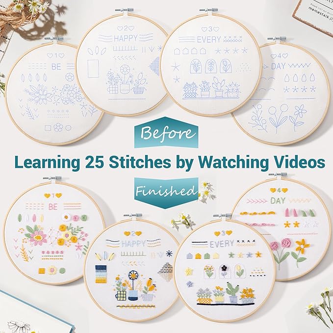 VIVIDOX 4 Sets Embroidery Kit for Beginners Adults, 25 Stitches Practice Kits Cross Stitch for Starter, DIY Hand Craft with Stamped Pattern, Bamboo Hoop, Threads, Scissors, Tools, Instruction
