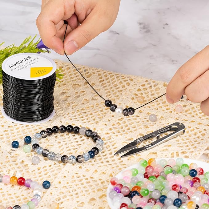 2 Rolls 1mm Elastic String for Bracelets, 656 Feet Crystal Stretchy String Clay Bead Cord for Bracelet Beading Necklace Jewelry Crafts Making, Black