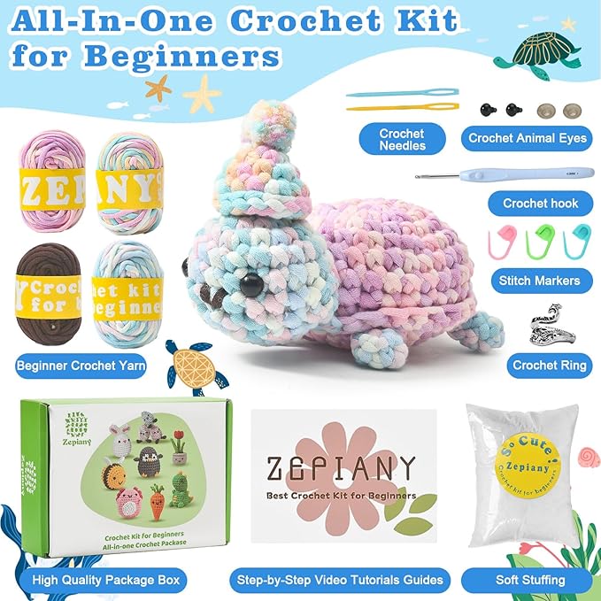 Zepiany Crochet Kit for Beginners, Amigurumi Beginner Crochet Kit for Adults, Crochet Turtle Crocheting Kit, Cute Crochet Animals Knitting Kit with Step-by-Step Video, Crafts Kits for Adults
