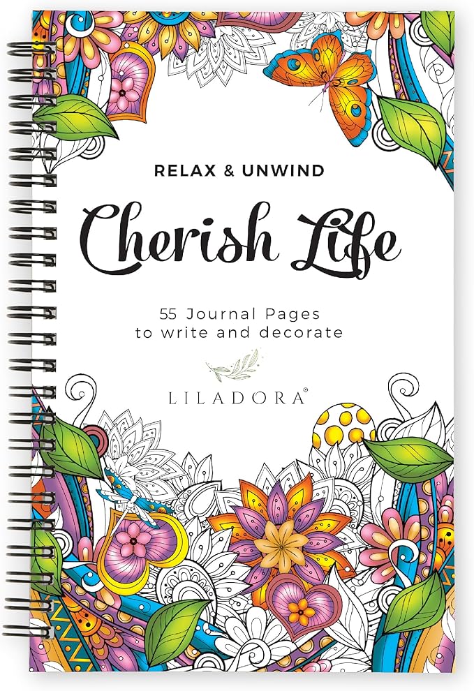 LILADORA Cherish Life 2-in-1 Adult Coloring Book & Journal for Women | 55 Pages Flowers & Mandalas | Easter Basket Stuffers for Adults | Stress Relief Gifts | Coloring Books for Relaxation