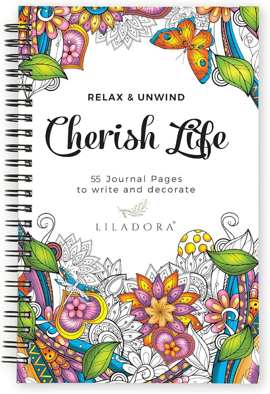 LILADORA Cherish Life 2-in-1 Adult Coloring Book & Journal for Women | 55 Pages Flowers & Mandalas | Easter Basket Stuffers for Adults | Stress Relief Gifts | Coloring Books for Relaxation