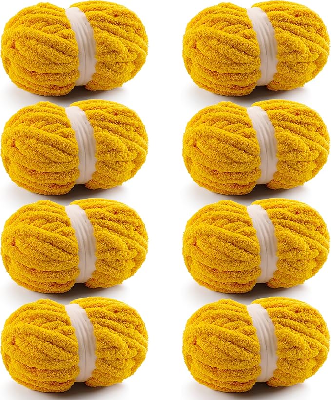 8 Pcs Chunky Yarn for Hand Knitting - Chunky Chenille Yarn for Crocheting - Fluffy Yarn for Crochet - Jumbo Yarn for Hand Knitting 25 yds 7.7 oz of Super Bulky Yarn (Golden Yellow)