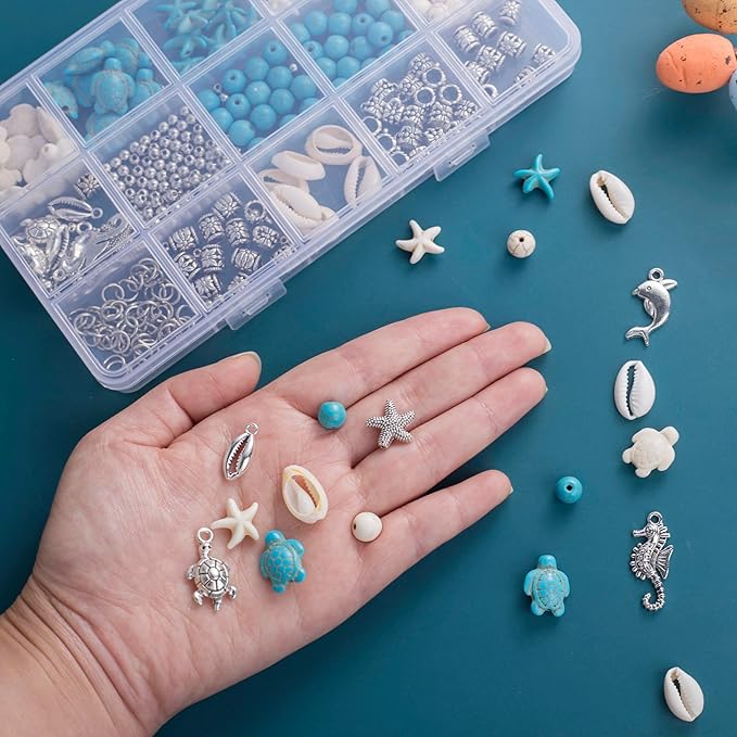 325Pcs Turquoise Sea Turtle Beads Blue and White Starfish Beads Tortoise Turtle Charms Summer Ocean Animal Spacer Bead Shell Bead for Jewelry Making DIY Bracelet Necklace Supplies(Box)