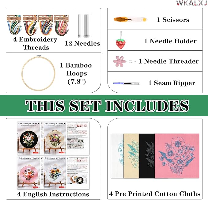 WKALXJ 4 Sets Embroidery Kits for Beginners Cross Stitch Kits Needlepoint Kits Crafts for Adults with Tools, Threads, Instructions, Needle Point Kits with Flower Stamped Patterns (Flowers B)