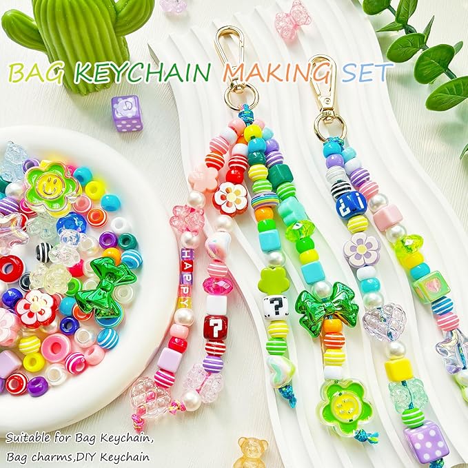 BOAJUNWU 452PCS Beaded Keychain Making Kit for Women,Bead Jewelry Making Kit Bag Charms DIY Key Chain Beads Supplies Crafts Valentine Day Gift