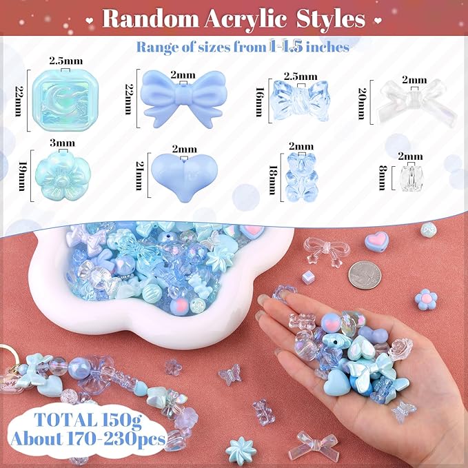 200-260pcs tinkrstuff assorted acrylic beads blue cute beads for bracelet making, bow aesthetic gummybear flower candy butterfly kawaii charms for jewelry making diy necklace keychain phone charm