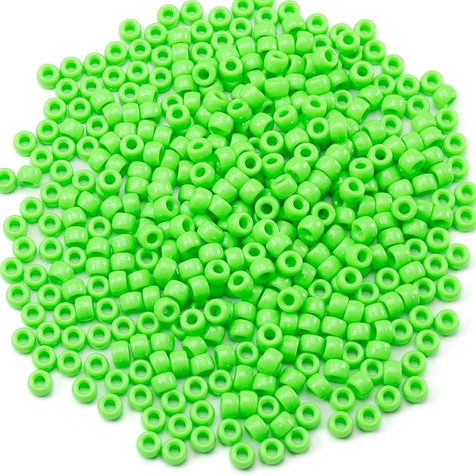Gxueshan 1000 Pcs Acrylic Brilliant Green Pony Beads 6x9mm Bulk for Bracelet Necklace Jewelry Making Earring Hair Braiding