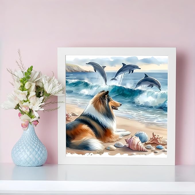 Diamond Art Kits for Adults Collie Dog, DIY 5D Diamond Painting Kit for Beginners Dolphin, Beach Full Round Drill Gem Art Dots for Adults, Diamond Dots Paintings Crafts Home Wall Decor 14X14 Inch