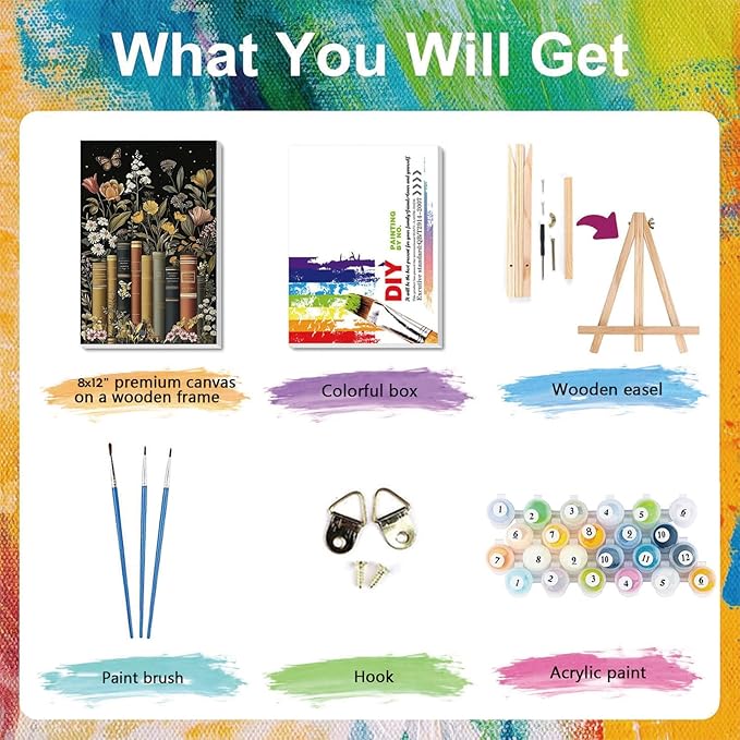 xackcme Book Paint by Numbers for Adults with Framed Canvas - with Wooden Easel, Flowers Paint by Number on Canvas, DIY Books Acrylic Oil Painting Kits with Brushes for Home Wall Decor (8x12 inch)