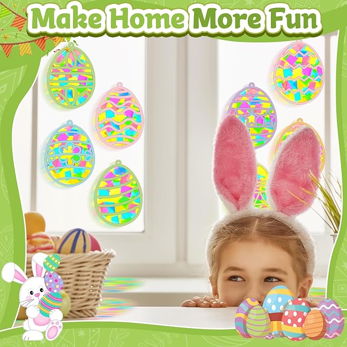 32 Sets Easter Egg Suncatchers Craft Kit DIY Window Stained Glass Effect Easter Egg Paper Crafts Home School Classroom Decoration Kid Birthday Gift Creative Art Project & Activity Game