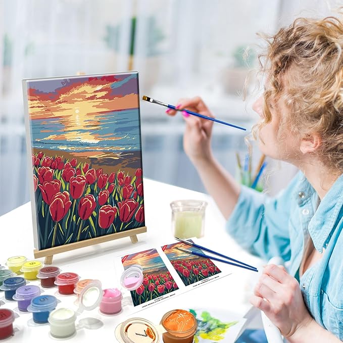 ATDMS Paint by Numbers Kit for Adults with Frame, Flowers Paint by Number with Easel,DIY Seaside Sunset Adult Paint by Number Kits Canvas Oil Painting Kit for Home Wall Decor 8 x 12 Inch