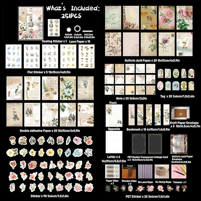 Esweny 251PCS Vintage Scrapbook Supplies Pack, Scrapbooking Paper and Stickers Ephemera Bundle Junk Journal Kit for Art Aesthetic Journaling Collage Decoupage Craft (Mountain and Fields)
