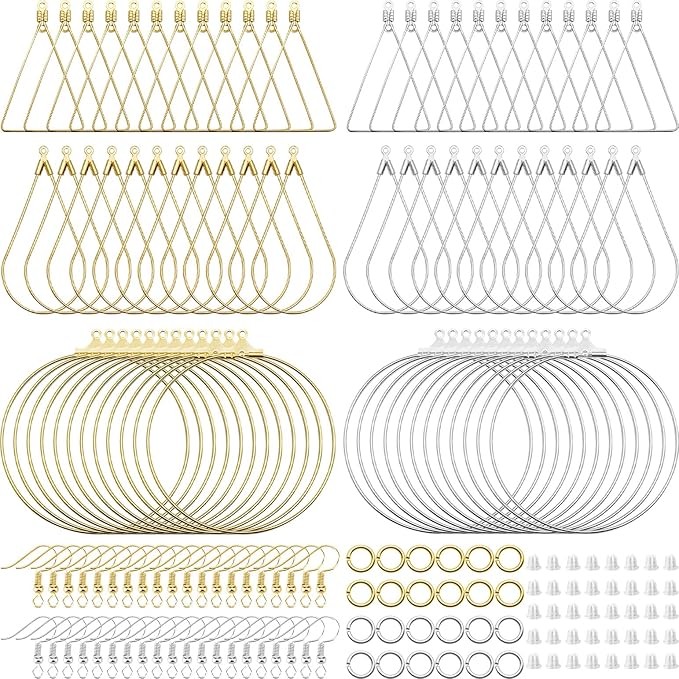 oubaka 720pcs earring making kit earring hoops for jewelry making, with teardrop triangle round beading hoop,earrings hooks,jump rings,earrings backs for diy craft(k gold,white k)