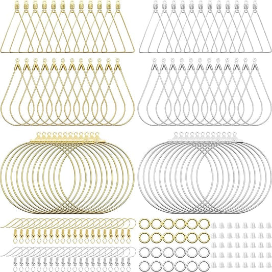 oubaka 720pcs earring making kit earring hoops for jewelry making, with teardrop triangle round beading hoop,earrings hooks,jump rings,earrings backs for diy craft(k gold,white k)