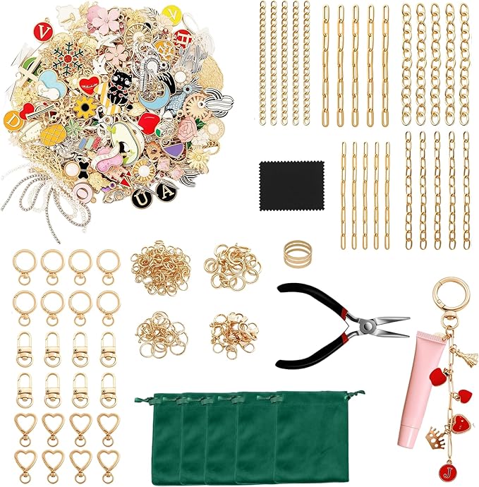 XUHAO7 544-Piece DIY Jewelry Making Kit - Birthday Gift Craft Set with Pendants, Keyring Hooks, Chains, Clasps & Tools - Free 5 Velvet Drawstring Pouches & Storage Box